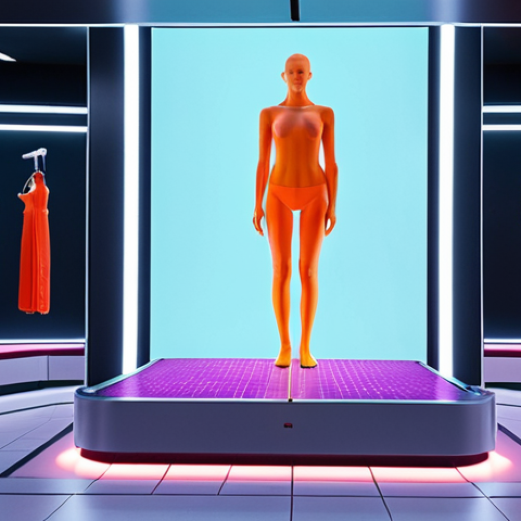 **Prompt:** A person stands on a futuristic platform in a department store, surrounded by glowing infrared sensors. A 3D model of their body appears on a large screen next to them, showcasing precise measurements and personalized clothing recommendations. The scene is brightly lit with a modern, clean aesthetic.