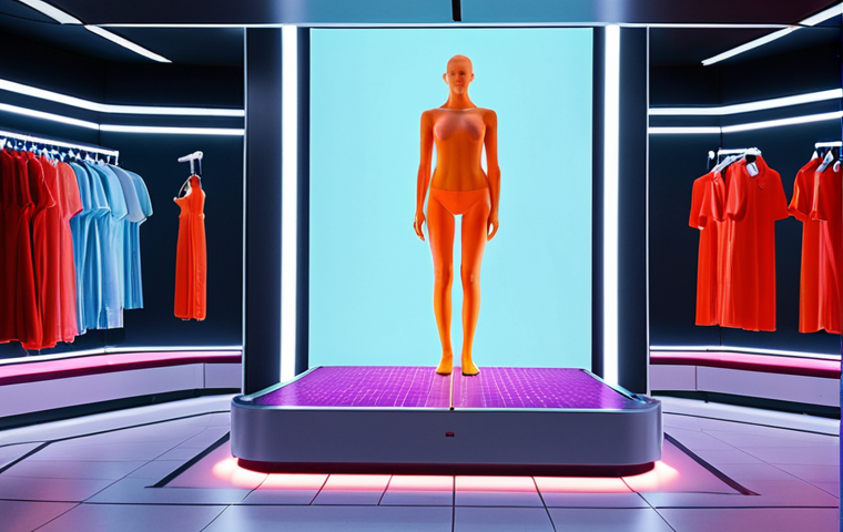 **Prompt:** A person stands on a futuristic platform in a department store, surrounded by glowing infrared sensors. A 3D model of their body appears on a large screen next to them, showcasing precise measurements and personalized clothing recommendations. The scene is brightly lit with a modern, clean aesthetic.